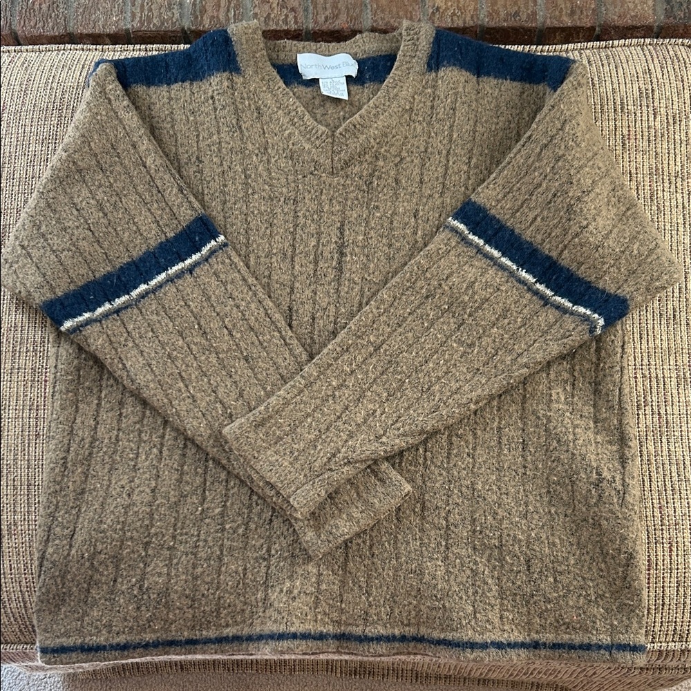North West Blue V-Neck Sweater in Brown with Blue and White Highlights